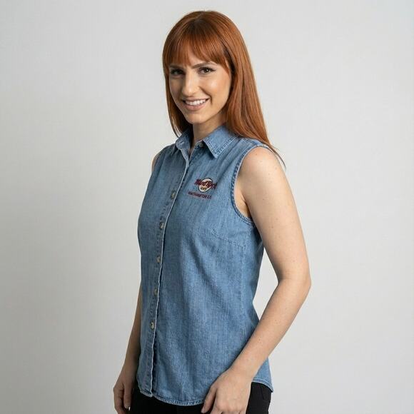 Vintage Y2K Hard Rock Cafe Sleeveless Denim Shirt XL Button Front Washington DC - Picture 1 of 7